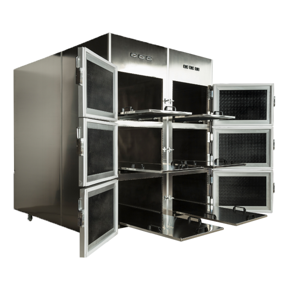6 body mortuary cooler freezer with doors open